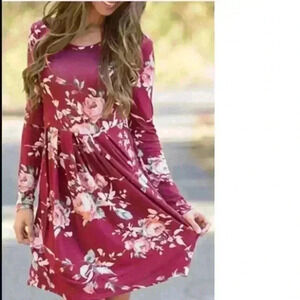 Long Sleeve Floral Print Pleated Casual Swing Tunic T-shirt Dresses,